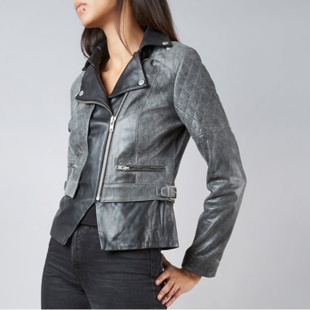 Muubaa Crackle Black Lamb Leather Biker Motorcycle Jacket Quilted Zip Up 6 - Picture 4 of 16